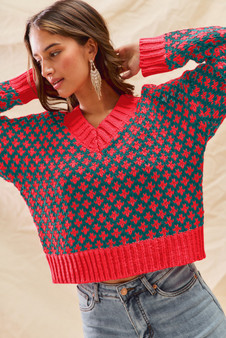 SO ME Color Block Textured Christmas Sweater V Neck Top