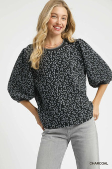 Umgee Leopard Print Jacquard Blouse with Puff Sleeves