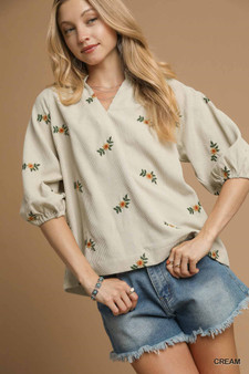 Umgee Corduroy Floral Embroidered Puff Sleeve Blouse