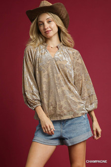 Umgee Floral Velvet Blouse with Balloon Sleeves