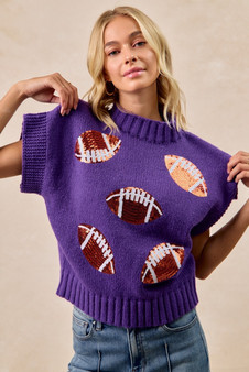 BiBi Gameday Sequin Football Patches Rib Banded Sweater