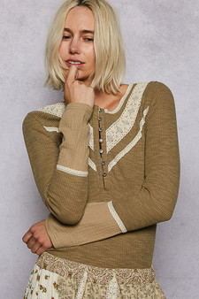 POL Ribbed Half Button Lace Detail Knit Top