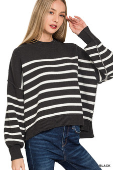 Zenana Exposed Seam Striped Oversized Sweater