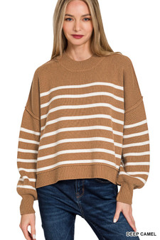 Zenana Exposed Seam Striped Oversized Sweater