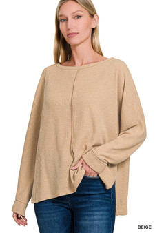 Zenana Ribbed Center Seam Dolman Sleeve Hi Low Sweater