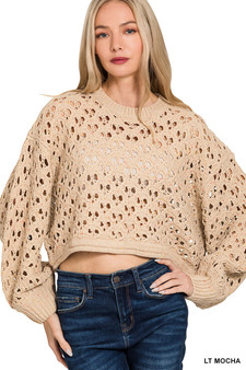 Zenana Oversized Cropped Crochet Knit Sweater