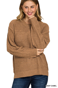 Zenana Exposed Seam Round Neck Sweater