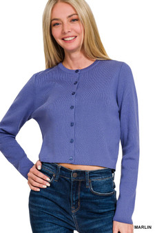 Zenana Button-Front Crewneck Long Sleeve Cropped Cardigan