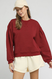 Umgee Round Neck Sweatshirt with Pleated Detail