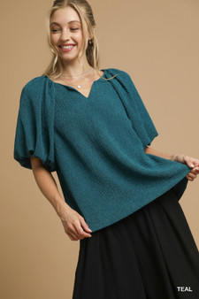 Umgee Textured Flutter Sleeve Notch Neck Top