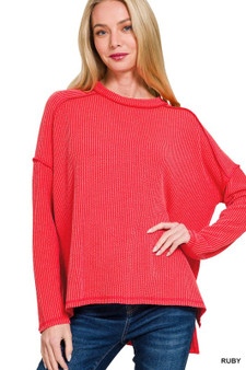 Zenana Full Size Exposed Seam Long Sleeve Corded Rib Knit Top Plus Size
