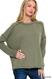 Zenana Full Size Exposed Seam Long Sleeve Corded Rib Knit Top Plus Size