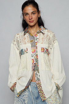 POL Lace Patchwork Floral Trim Long Sleeve Shirt