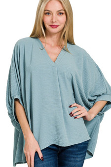 Zenana Woven Airflow V-neck Puff Half Sleeve Top