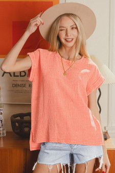 Zenana Woven Double Gauze Acid Washed Short Sleeve Top