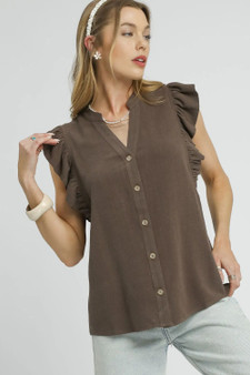 Umgee Linen Ruffle Sleeve Button-Down Shirt