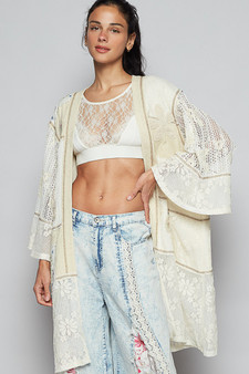 POL Double Gauze and Lace Mix Cardigan with Embroidered Detail