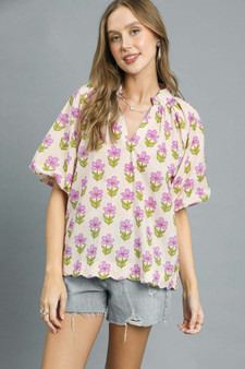 Umgee Floral Print Puff Sleeve Blouse