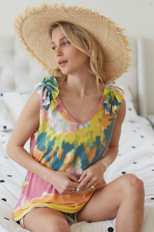 BiBi Circular Tie Dye Knit V Neck Top With Ruffle