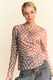 Davi & Dani Checker Board Mesh Long Sleeve Layering Top