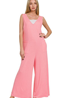 Zenana French Terry Deep V Neck Jumpsuits