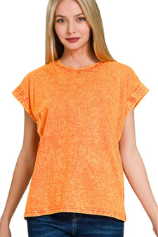 Zenana Crinkle Washed Round Neck Folded Short Sleeve Tee