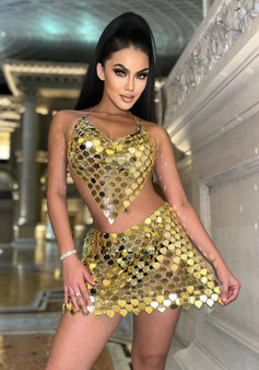 Fall Sexy Low Back Sequins Nightclub Two Piece Skrit Set