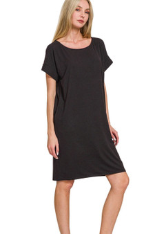 Zenana Rolled Short Sleeve Round Neck Dress