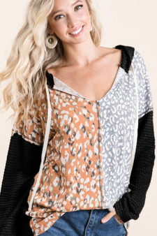 BiBi Popcorn Waffle Knit Hoodie with Print Block Front