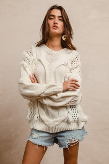 BiBi Faux Fur Detailed Pointelle Cable Knit Sweater