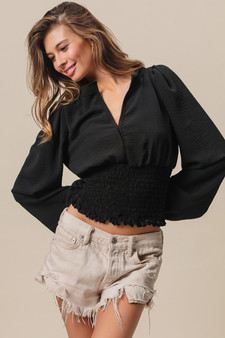 BiBi Smoking Waist Band and Puff Sleeves Deep V Neck Top