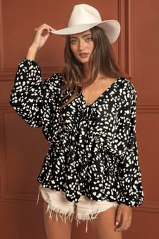 BiBi Leopard Woven Tied Spaghetti V Neck Lslv Top