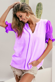 BiBi Air Flow Color Block Puff Sleeves V Neck Top