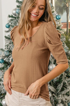 BiBi Verigated Rib Knit Puff Sleeves Shorts Top