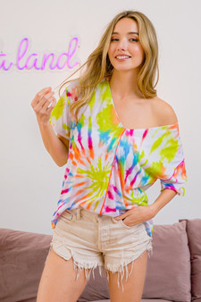 BiBi Tie Dye Print Jersey Stitched V Neck Top