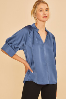 Annie Wear Satin V Neck Open Short Sleeve Woven Blouse Top