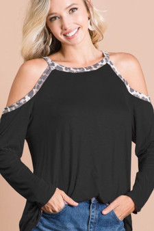 BiBi Jersey Knit Cold Shoulder Top with Leopard Neck