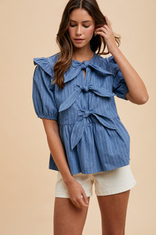 Annie Wear Stripe Front Bow Denim Peplum Blouse