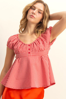 HYFVE Gingham Scoop Neck Cap Sleeve Blouse