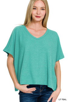 Zenana Ribbed V-Neck Short-Sleeve Knit Top