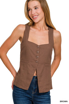 Zenana Linen Tie-back 4-button Vest with Lining