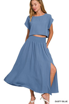 Zenana Woven Crinkle Gauze Crop Tee and Skirt Set