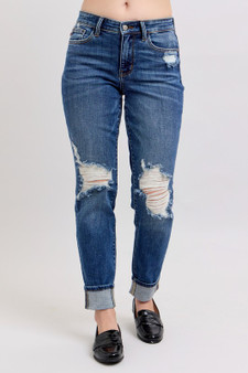 Judy Blue Full Size Mid Rise Boyfriend destroy Jeans with Yoke Pockets and Faux Selvedge Cuff Plus Size