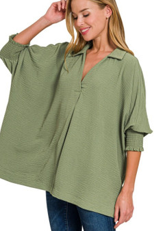 Zenana Airflow Collar Tee with Smocked Sleeve Band Top