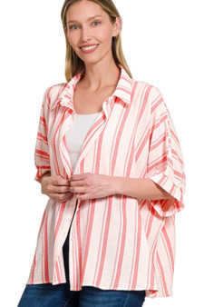 Zenana Woven Yarn-Dye Stripe Oversized Button Down Shirt