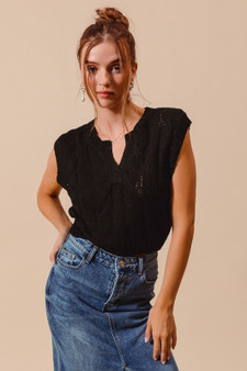 SO ME Notched Neck Cable Knit Sweater Vest