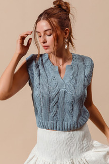 SO ME Notched Neck Cable Knit Sweater Vest