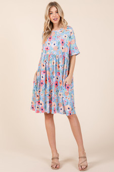 BOMBOM Floral Shirred Dress with Pockets
