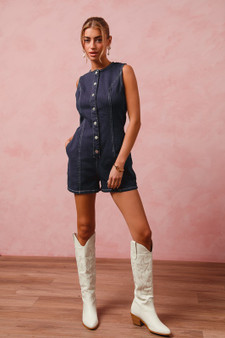 SO ME Button Up Front Washed Denim Sleeveless Romper