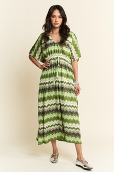 Davi & Dani Multi Color Wavy Tie Waist Flowy Sleeve Dress